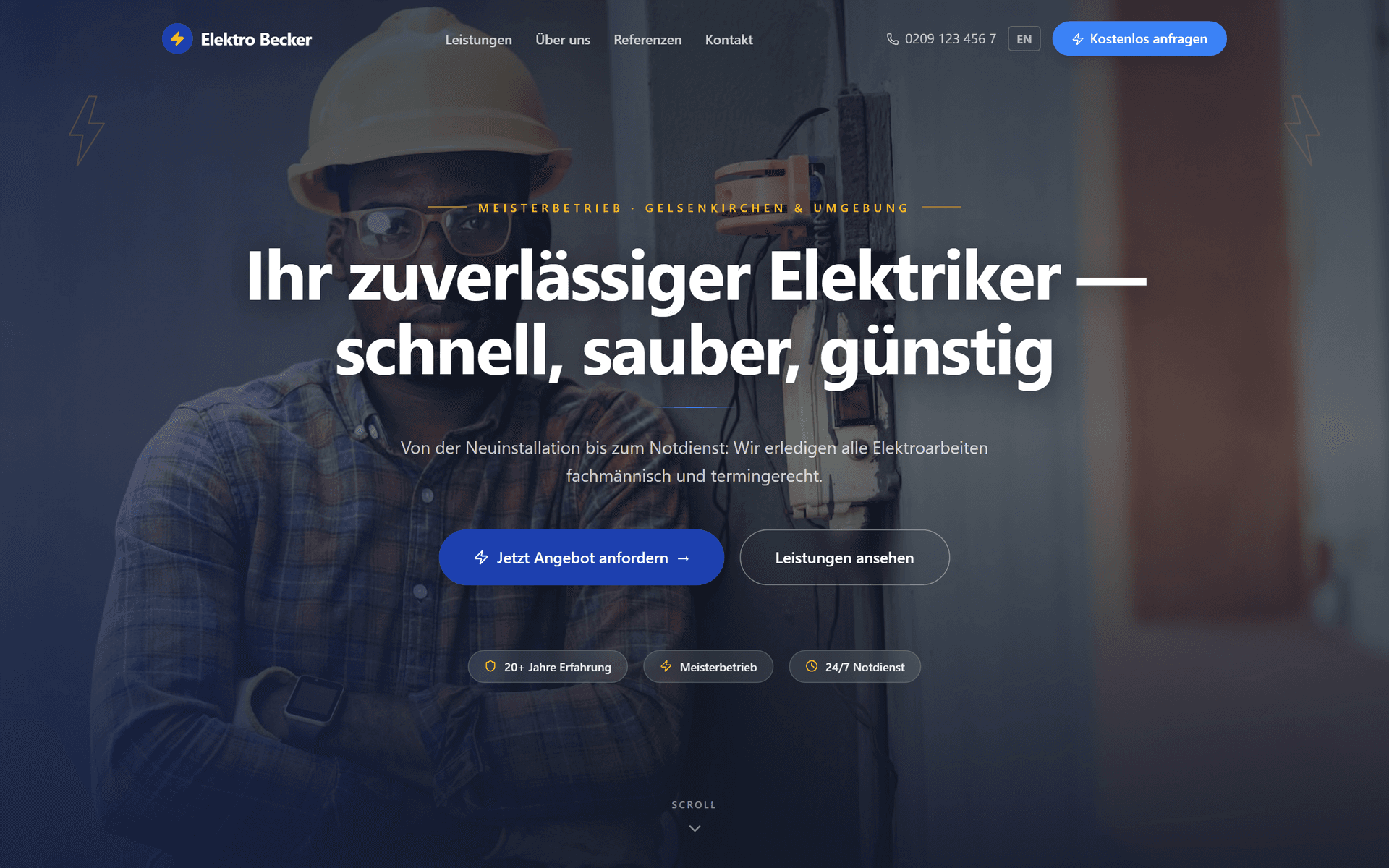 Elektro Becker demo homepage with electrical services and a quote request button