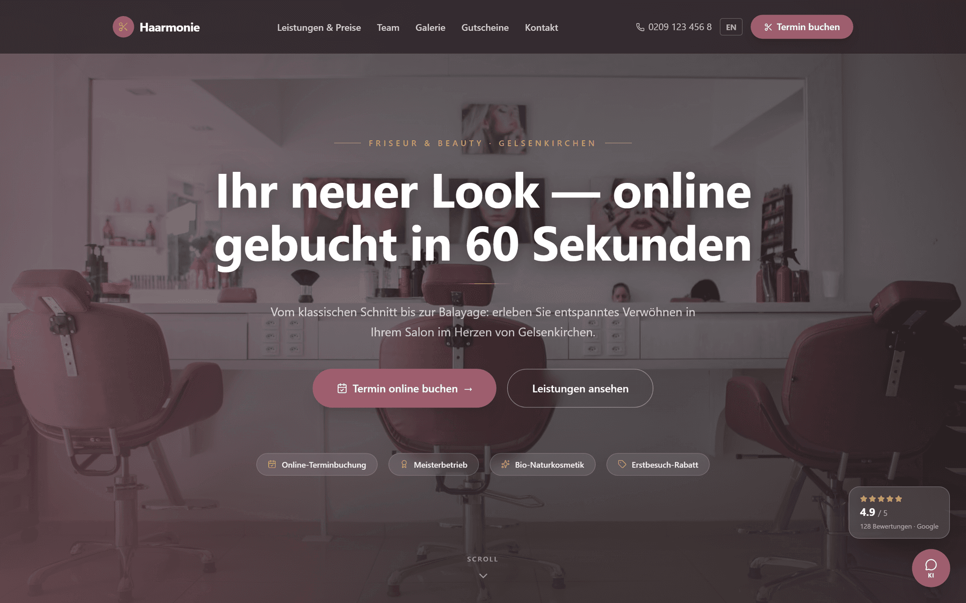 Haarmonie demo homepage with a salon interior and an appointment button